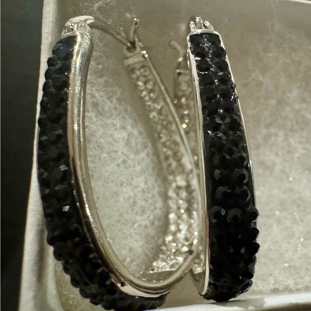 Black Swarovski Crystals inside out Hoop Earrings in 18K white gold-plating